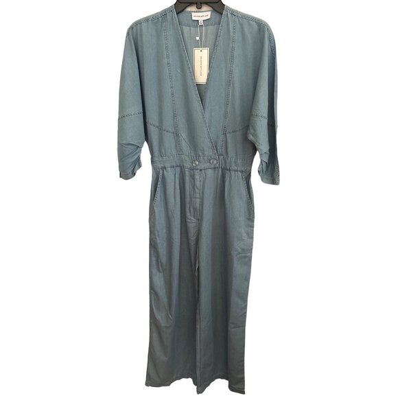Melrose With Love Jumpsuit L Chambray Blue V-Neck 3/4 Sleeves Elastic Waist - Picture 1 of 10